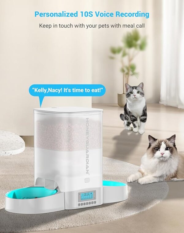 HoneyGuaridan Automatic Cat Feeder for Two Cats,3.5L Cat Food Dispenser with Slow Feeder Bowl,Timed Cat Feeder Programmable 1-6 Meals Control, Dual Power Supply,10s Meal Call White - Image 2