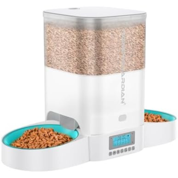 HoneyGuaridan Automatic Cat Feeder for Two Cats,3.5L Cat Food Dispenser with Slow Feeder Bowl,Timed Cat Feeder Programmable 1-6 Meals Control, Dual Power Supply,10s Meal Call White