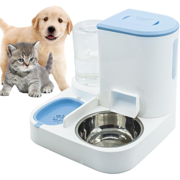 MUYG Automatic Cat Food and Water Dispenser Set 2 in 1, All-in-One Gravity Pet Feeder with Stainless Steel Cat Food Bowl Travel Auto Supply Feeder and Water Dispenser for Small Medium Cats Dogs (Blue)