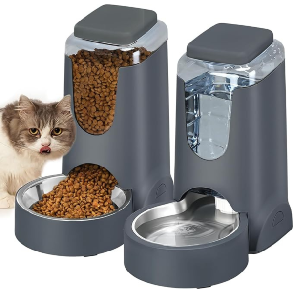 HWONMTE Automatic Cat Feeder and Water Dispenser with Stainless Steel Bowl Dog Gravity Food Feeder and Waterer for Small Medium Pets Puppy Kitten 1 Gallon x 2