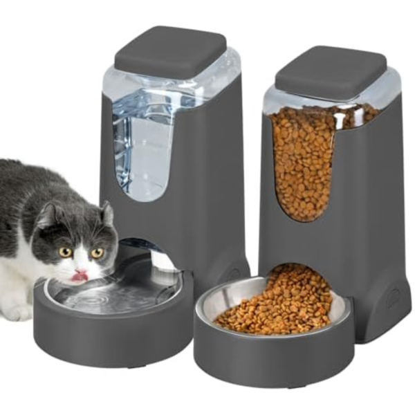 WyfKyd 2 Pack Automatic Cat Feeder and Stainless Steel Water Dispenser, Gravity Dog Waterer Set Food Feeder and Waterer Set for Small Medium Kitten Puppy Pets(1 Gallon x 2, Charcoal Gray)