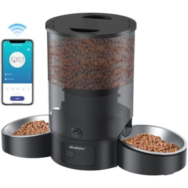 SURDY Automatic Cat Feeder for 2 Cats,2.4G WiFi Smart Pet Feeder with APP Control for Remote Feeding, 3L Timed Pet Feeder Programmable 1-10 Meals, Dual Power Supply, Desiccant Bag, 10s Meal Call