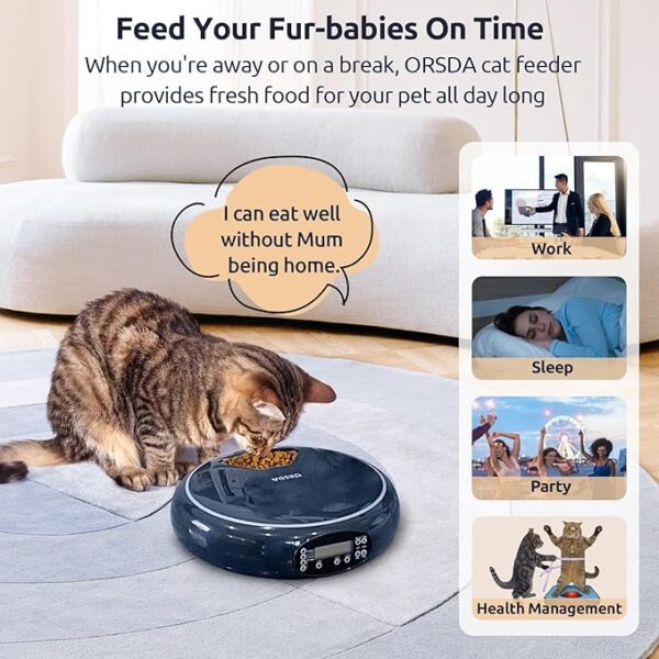 ORSDA Automatic Cat Feeder Wet Food/Dry Food, 5 Meal Timed Pet Feeder with Timer Programmable & Voice Recorder, Dual Power Supply Auto Feeder for Cats/Small Dogs - Image 3