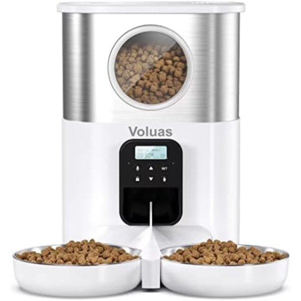 VOLUAS Automatic Cat Feeders for Two Cats, Pet Feeder for Cats and Dogs Timed Cat Feeder Pet Dry Food Dispenser, White