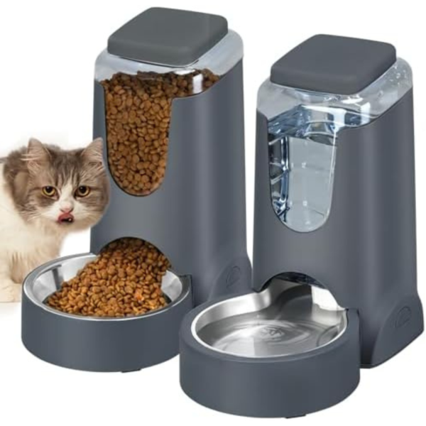 HWONMTE Automatic Cat Feeder and Water Dispenser with Stainless Steel Bowl Dog Gravity Food Feeder and Waterer for Small Medium Pets Puppy Kitten 1 Gallon x 2  ChatGPT