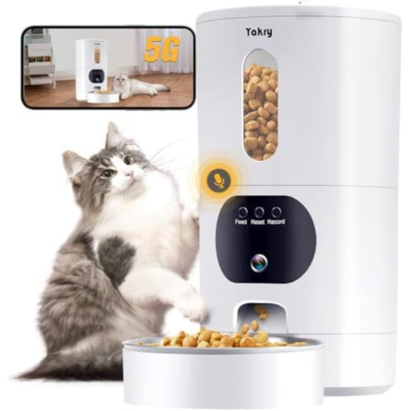 Yakry Automatic Cat Feeders Camera 5G: WiFi Easy to Clean Timed Smart Dog Food Dispenser 2-Way Audio Memory Function Pet Feeder HD 1080P Video Record APP Control Dry Food Clear Night Vision