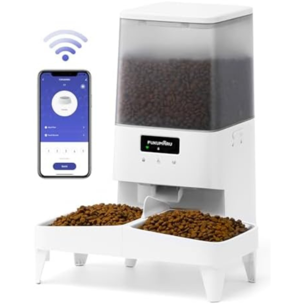 FUKUMARU Automatic Cat Feeder, WiFi Automatic Dog Feeder with Freshness Preservation, 5L Timed Cat Food Dispenser with Elevated Bowls, Up to 10 Meals Per Day, Granary Pet Feeder for Cats/Dogs