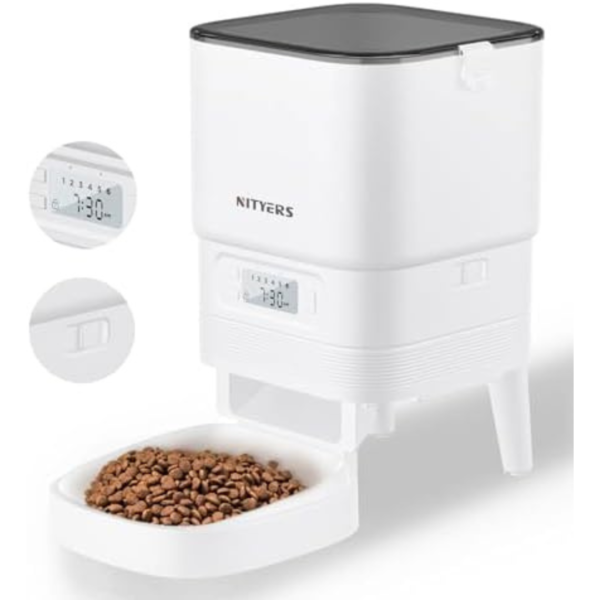 Nityers Automatic Cat Feeder -Timed Feeder for Dry Food, Easy Control to Programmable, Pet Feeder with Battery/Power Supply, Cat Food Dispenser, 1-6 Meals Per Day, Non-Slip Bottom, Lid with Locked