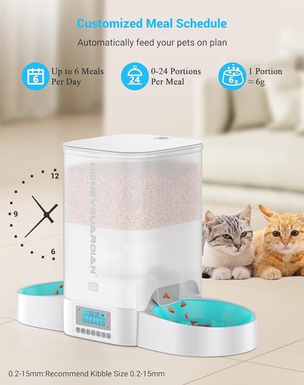 HoneyGuaridan Automatic Cat Feeder for Two Cats,3.5L Cat Food Dispenser with Slow Feeder Bowl,Timed Cat Feeder Programmable 1-6 Meals Control, Dual Power Supply,10s Meal Call White - Image 4