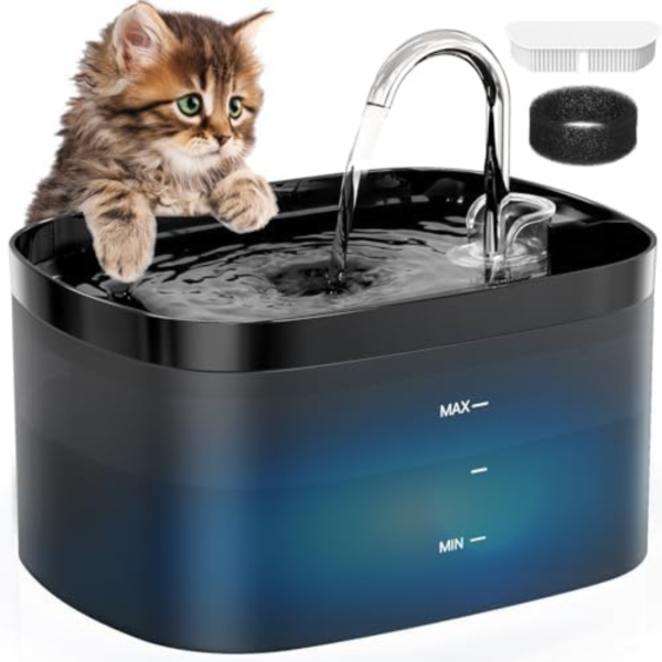 Petilog Cat Water Fountain, 84OZ/2.5L Cat Fountain, Super Silent Pet Water Fountain, Activated Carbon Filter, Translucent Pet Water Dispenser Suitable for Multiple Pets Family (Black)