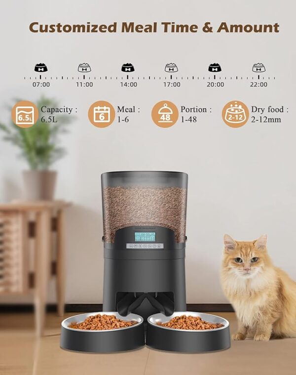 HoneyGuaridan Automatic Cat Feeders 2 Cats, 2.4G WiFi Smart Pet Feeder with APP Control for Cats and Dogs Dry Food Dispenser with 2 Stainless Steel Bowl, Desiccant Bag, 10s Voice Recorder (6.5L, Blue) - Image 3