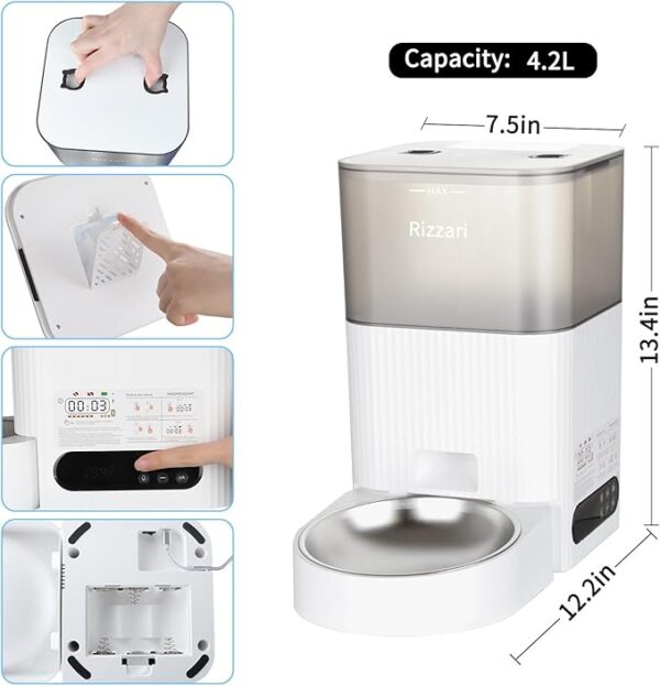 RIZZARI Automatic Cat Feeder, 4.2L Timed Food Dispenser with Display LCD Screen, Large Capacity Pet Feeder for Cats and Small Medium Dogs (White, 4.2L) - Image 2