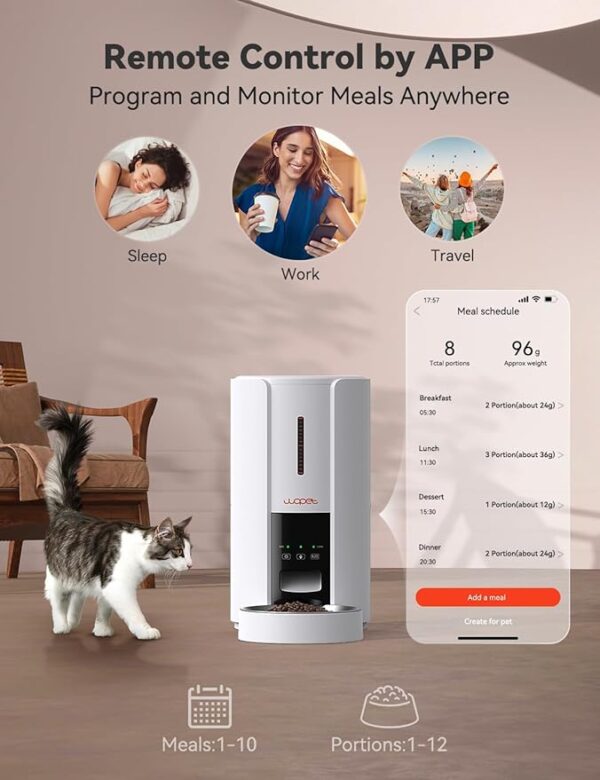 WOPET Automatic Cat Feeders,5L WiFi Pet Feeder with APP,Schedule Feeding Pet Dry Food Dispenser for Cats,10s Voice Recording,Up to 10 Meals per Day,White - Image 3