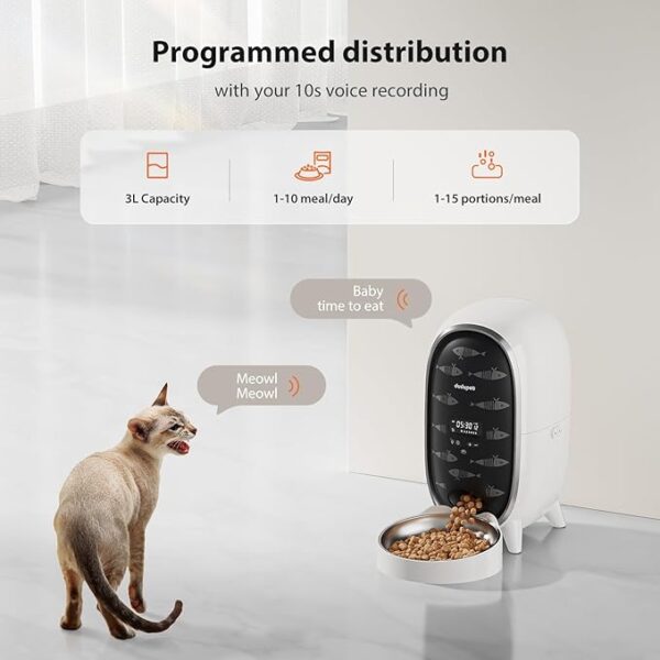 DUDUPET WiFi Automatic Cat Feeder 3L Cat Feeder with APP Control for Pet Dry Food Stainless Steel Bowl Low Food& Blockage Sensor Up to 15 Portions/8 Meals Per Day 10s Voice Recorder - Image 5