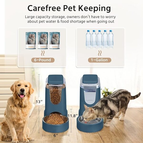 WyfKyd 2 Pack Automatic Cat Feeder and Dog Food Feeder, Gravity Stainless Steel Water Dispenser and Waterer Set for Small Medium Puppy Kitten Pets (1 Gallon x 2, Navy Blue) - Image 4