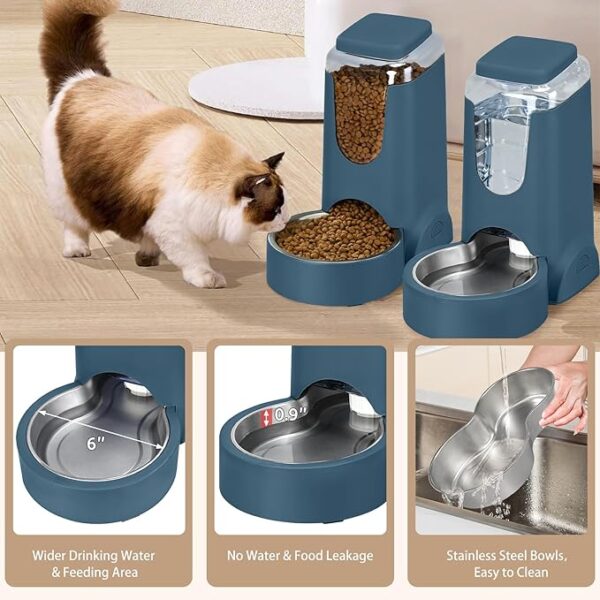 WyfKyd 2 Pack Automatic Cat Feeder and Dog Food Feeder, Gravity Stainless Steel Water Dispenser and Waterer Set for Small Medium Puppy Kitten Pets (1 Gallon x 2, Navy Blue) - Image 2