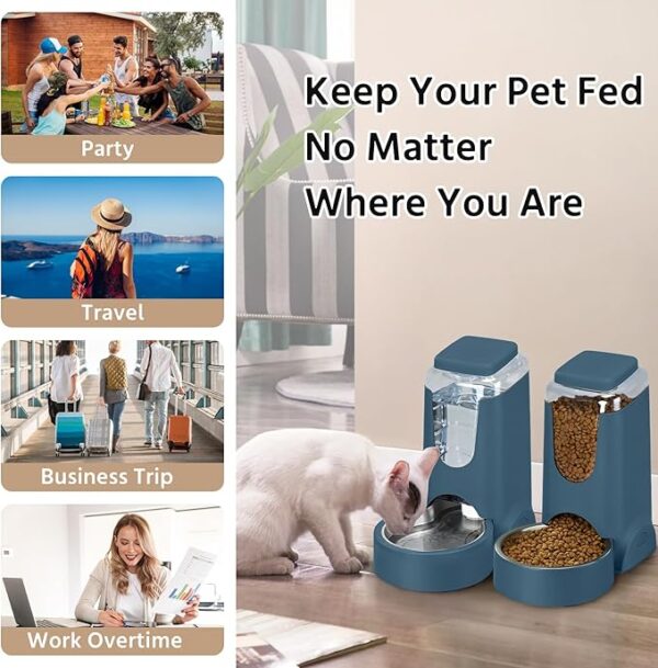 WyfKyd 2 Pack Automatic Cat Feeder and Dog Food Feeder, Gravity Stainless Steel Water Dispenser and Waterer Set for Small Medium Puppy Kitten Pets (1 Gallon x 2, Navy Blue) - Image 5