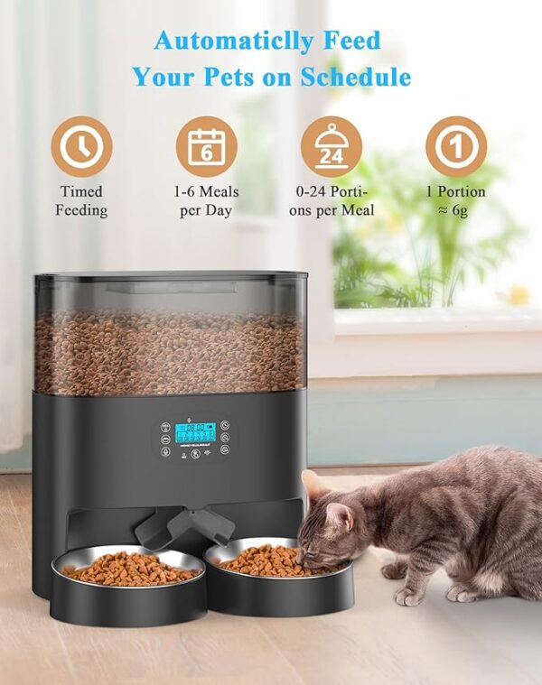 HoneyGuaridan 6L Automatic Cat Feeder for 2 Pets, Pet Food Dispenser for Cat and Dog with Desiccant Box, Timer Feeder Portion Control 1-6 Meals per Day, Dual Power Supply, Voice Recorder Black - Image 2