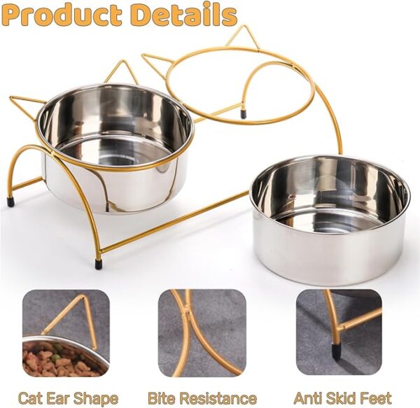 Tlence Elevated Cat Bowls, 15°Tilted Raised Metal Pets Feeder, Whisker Friendly Cat Food Feeding Station, Anti Vomit Non-Slip Waterer Stand for Small Dogs, Indoor Puppy, Golden - Image 3