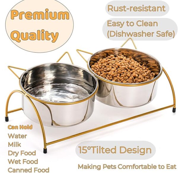 Tlence Elevated Cat Bowls, 15°Tilted Raised Metal Pets Feeder, Whisker Friendly Cat Food Feeding Station, Anti Vomit Non-Slip Waterer Stand for Small Dogs, Indoor Puppy, Golden - Image 4