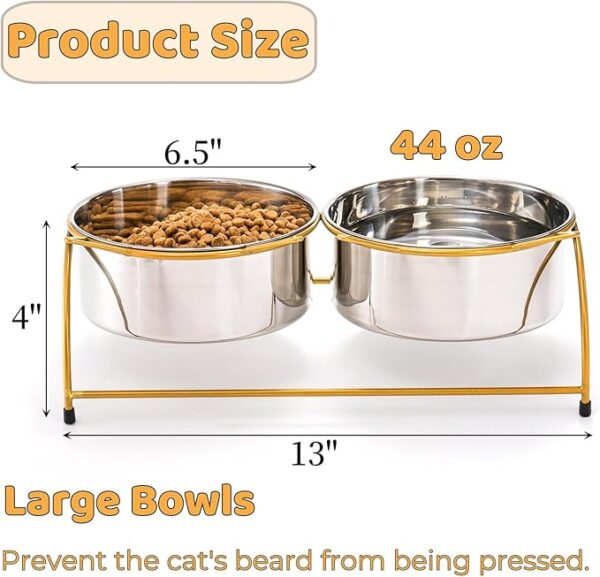 Tlence Elevated Cat Bowls, 15°Tilted Raised Metal Pets Feeder, Whisker Friendly Cat Food Feeding Station, Anti Vomit Non-Slip Waterer Stand for Small Dogs, Indoor Puppy, Golden - Image 2