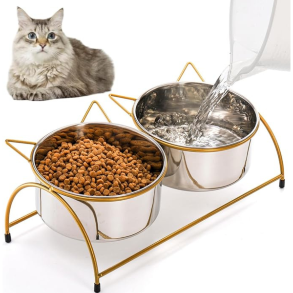 Tlence Elevated Cat Bowls, 15°Tilted Raised Metal Pets Feeder, Whisker Friendly Cat Food Feeding Station, Anti Vomit Non-Slip Waterer Stand for Small Dogs, Indoor Puppy, Golden