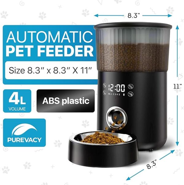 PUREVACY Automatic Cat Feeders for Indoor Cats with Timer. 4L Capacity Black Automatic Cat Feeder with Timer, Voice Recorder. Automatic Dog Feeder with Timer. 1-5 Meals.Cat Food Dispenser - Image 6