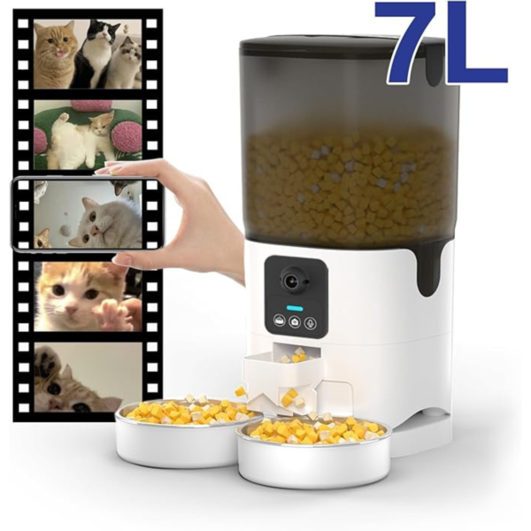 QUSTIOS Automatic Cat Feeder for 2 Cats,1080P HD Video with Night Vision, 5G WiFi Pet Feeder with 2-Way Audio, 29 Cups/7L Automatic Cat Feeder with Camera for Cat & Dog Double Tray