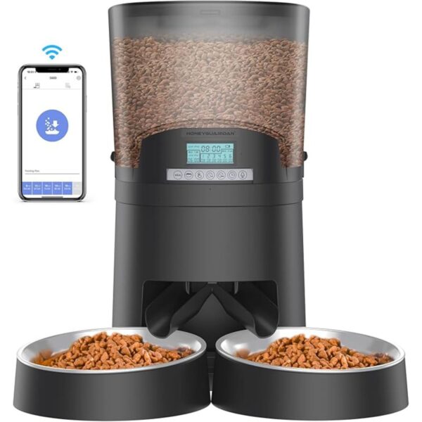 HoneyGuaridan Automatic Cat Feeders 2 Cats, 2.4G WiFi Smart Pet Feeder with APP Control for Cats and Dogs Dry Food Dispenser with 2 Stainless Steel Bowl, Desiccant Bag, 10s Voice Recorder (6.5L, Blue)