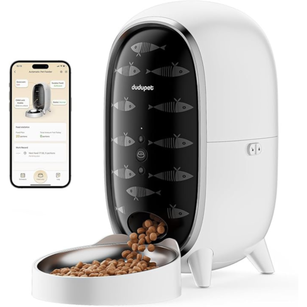 DUDUPET WiFi Automatic Cat Feeder 3L Cat Feeder with APP Control for Pet Dry Food Stainless Steel Bowl Low Food& Blockage Sensor Up to 15 Portions/8 Meals Per Day 10s Voice Recorder