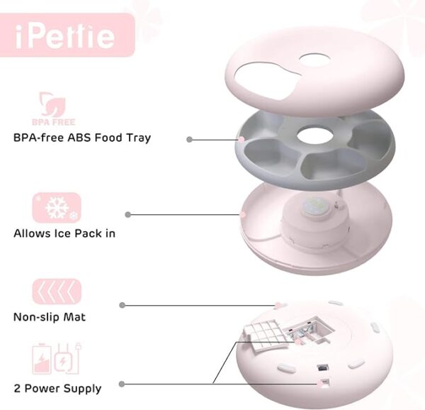 iPettie Donut 6-Meal Automatic Wet and Dry Food Pet Feeder with Programmable Timer, Auto Dispenser for Cat and Small & Medium Dog, Batteries & USB Power Supply, Pink - Image 4