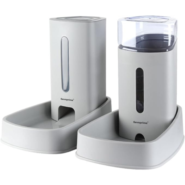 SEVNPRIME Automatic Self-Dispensing Cat & Dog Feeder and Waterer Set, 3.8L Capacity, Gray, for Small to Medium Pets, Dimensions 12.8in x 7.87in x 12.2in