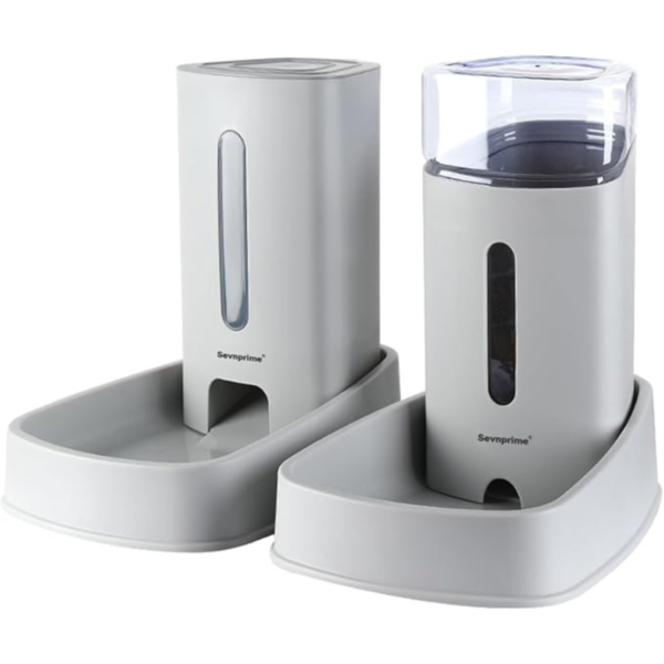 SEVNPRIME 2PCS Cat Dog Feeder and Waterer Self-Dispensing Gray 3.8L Pets Automatic Feeder and Waterer Dispensing Set 12.8in x 7.87in x 12.2in Feeder and Water Bowl for Small Medium Pets