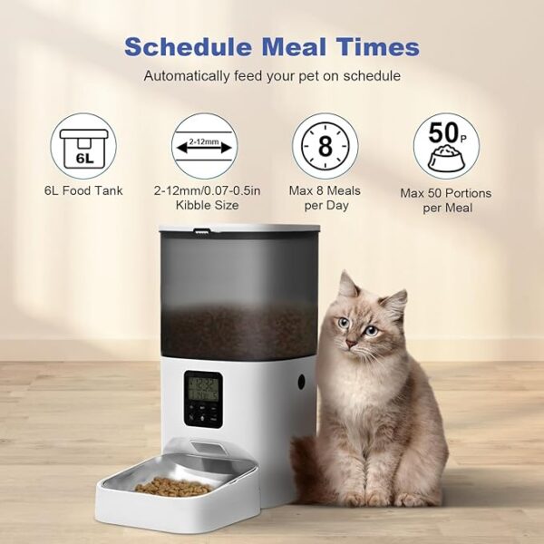 ANDOLL HOME Automatic Cat Feeder, Cat Food Dispenser with 10s Voice Recorder, Pet Feeder up to 8 Meals per Day, Timed Cat Feeder with Dry Food Sealed Ring(White, 6L) - Image 2