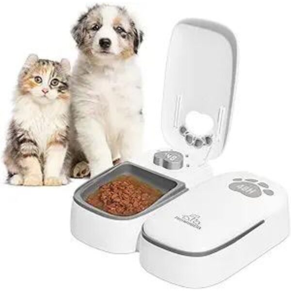 SKAILING Automatic Cat Feeder 2 Meal, 48H Timer Wet Dry Cat Food Dispenser, with Display and Power Saving Mode, for Cat and Dog Automatic Feeder