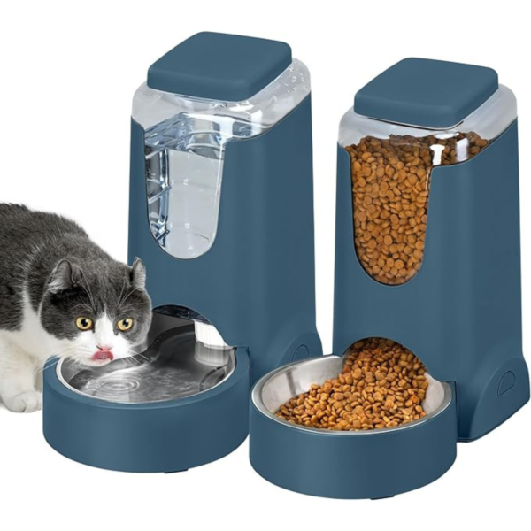 WyfKyd 2 Pack Automatic Cat Feeder and Dog Food Feeder, Gravity Stainless Steel Water Dispenser and Waterer Set for Small Medium Puppy Kitten Pets (1 Gallon x 2, Navy Blue)