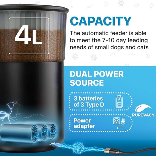 PUREVACY Automatic Cat Feeders for Indoor Cats with Timer. 4L Capacity Black Automatic Cat Feeder with Timer, Voice Recorder. Automatic Dog Feeder with Timer. 1-5 Meals.Cat Food Dispenser - Image 3