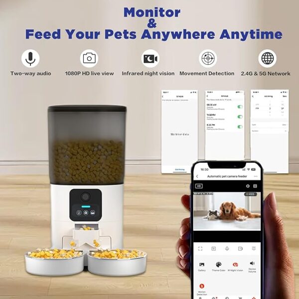 QUSTIOS Automatic Cat Feeder for 2 Cats,1080P HD Video with Night Vision, 5G WiFi Pet Feeder with 2-Way Audio, 29 Cups/7L Automatic Cat Feeder with Camera for Cat & Dog Double Tray - Image 5