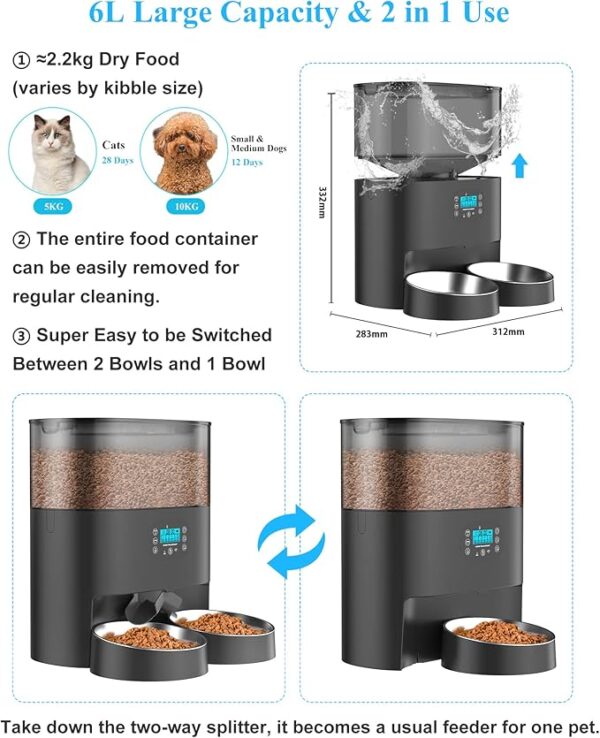 HoneyGuaridan 6L Automatic Cat Feeder for 2 Pets, Pet Food Dispenser for Cat and Dog with Desiccant Box, Timer Feeder Portion Control 1-6 Meals per Day, Dual Power Supply, Voice Recorder Black - Image 3