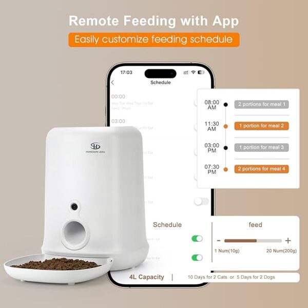 HONGSON LEDA Automatic Cat Feeder with Camera, 4L Timed Pet Feeder for Cats and Dogs with Dry Food Dispenserr, 10s Voice Recorder APP Control Motion Detection - Image 7