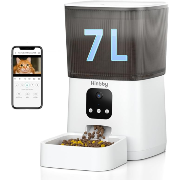 Hinbby Automatic Cat Feeder with 1080P Camera, 7L WiFi Cat Food Dispenser with Remote App Control, Voice & Video Record, Dual Power Supply, Automatic Dog Feeder Auto Pet Dry Food Feeders for Cats