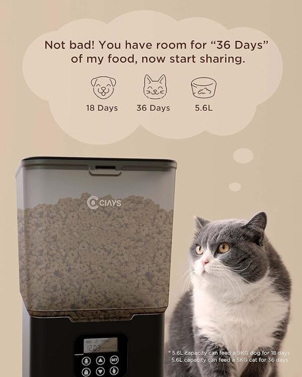 Ciays Automatic Cat Feeder, 5.6L, 4 Meals Per Day, Pet Dry Food Dispenser, Dual Power Supply & Voice Recorder, Black - Image 2