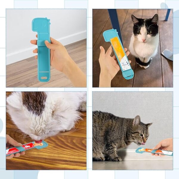 NQEUEPN 2pcs Cat Strip Feeders, Cartoon Cute Happy Cat Strip Squeeze Spoon Holder Multifunctional Cat Treat Dispenser for Wet Food Liquid Snack Puree Feeding Pet Supplies (Blue) - Image 3