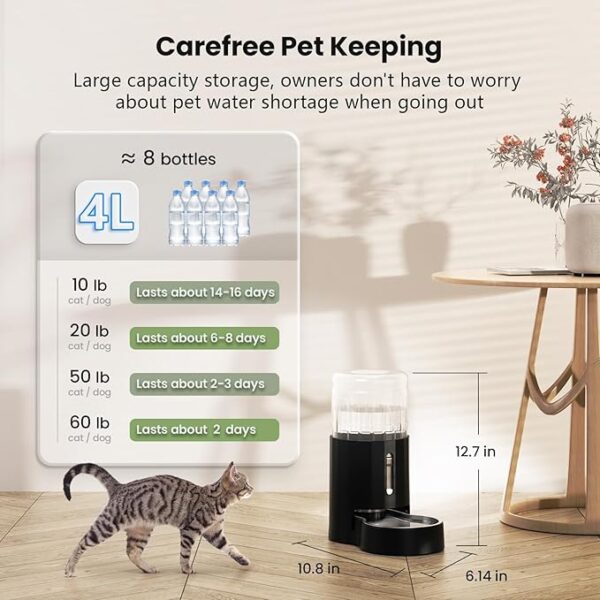 CZPET Automatic 4L/1Gal/135Oz Cat Water Dispenser with Stainless Steel Bowl, Gravity Waterer for Small Medium Dog Puppy Kitten (Black) - Image 3