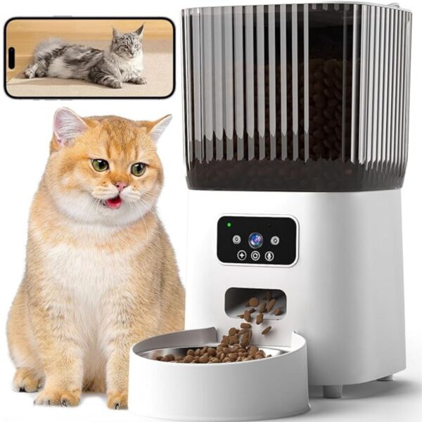 Automatic Cat Feeder with Camera, 1080P Live Video with Night Vision, 6L/25 Cups Timed Cat Food Dispenser for Remote Feeding, 2-Way Audio, Pet Feeder for Cats and Dogs with App Control