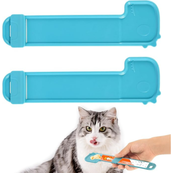 NQEUEPN 2pcs Cat Strip Feeders, Cartoon Cute Happy Cat Strip Squeeze Spoon Holder Multifunctional Cat Treat Dispenser for Wet Food Liquid Snack Puree Feeding Pet Supplies (Blue)