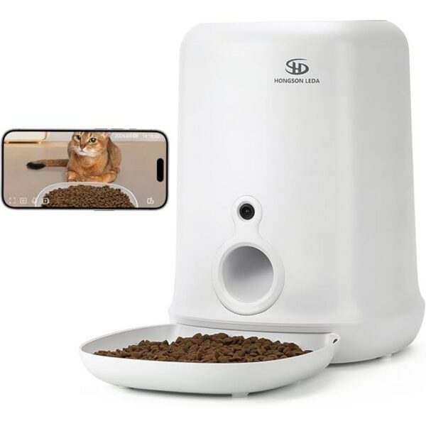 HONGSON LEDA Automatic Cat Feeder with Camera, 4L Timed Pet Feeder for Cats and Dogs with Dry Food Dispenserr, 10s Voice Recorder APP Control Motion Detection