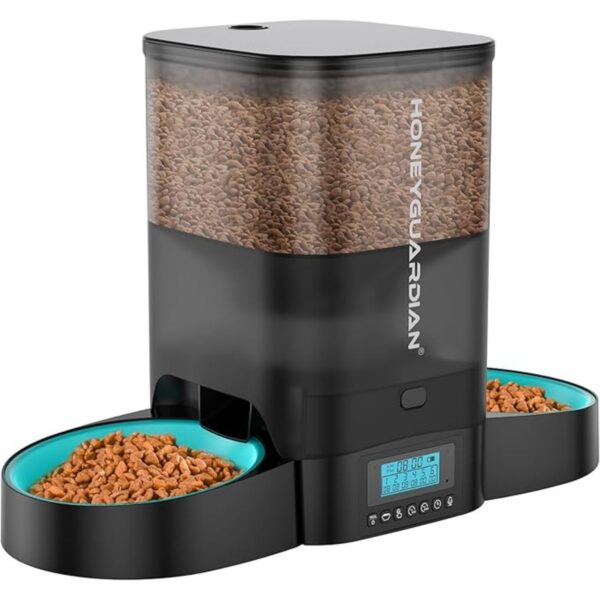 HoneyGuaridan Automatic Cat Feeder for Two Cats,3.5L Cat Food Dispenser with Slow Feeder Bowl,Timed Cat Feeder Programmable 1-6 Meals Control, Dual Power Supply,Desiccant Bag,10s Meal Call