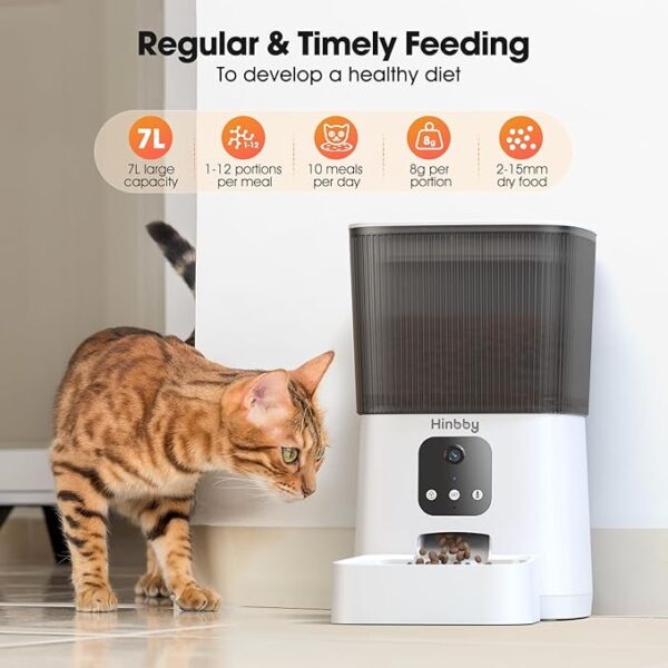 Hinbby Automatic Cat Feeder with 1080P Camera, 7L WiFi Cat Food Dispenser with Remote App Control, Voice & Video Record, Dual Power Supply, Automatic Dog Feeder Auto Pet Dry Food Feeders for Cats - Image 4