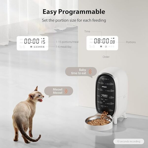 Timed Automatic Cat Feeder with Fully Enclosed Freshness Chamber 3L Cat Food Dispenser Battery-Operated with 180-Day Battery Life Up to 6 Meals 90 Portions Per Day 10S Voice Record - Image 2